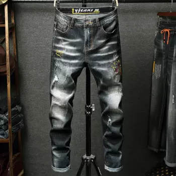 Новые мужские джинсы весна-осень облегающие повседневные эластичные итальянские модные эластичные брюки с вышивкой Классические Стильные хлопковые джинсовые брюки