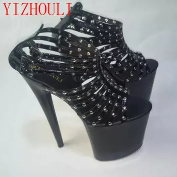 Новые пикантные банкетные босоножки на шпильке 20 см, босоножки с мягкой оборкой и крупными заклепками, сценические босоножки на тонком каблуке 8 дюймов