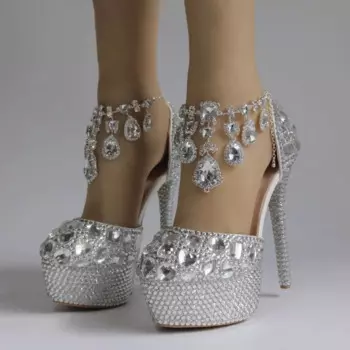 Новые свадебные туфли с золотыми бриллиантами, туфли на одной платформе, женские вечерние туфли с круглой головкой и бриллиантовой пряжкой, модные вечерние туфли на тонком каблуке 14 см