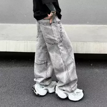 Новые сверхпрочные серые потертые широкие джинсы для мужчин, уличная мода в стиле ретро, потертые Свободные повседневные Прямые джинсы с высокой талией