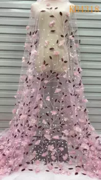 Новый 3D цветок с блестками, тюль, кружево с вышивкой, 2024, высококачественная кружевная ткань с бисером, розовое французское сетчатое кружево для шитья KB4318