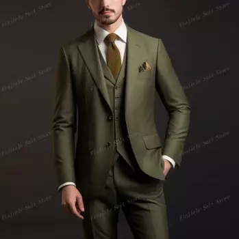 Новый армейский зеленый деловой костюм для мужчин смокинги для жениха шафера выпускного вечера свадебной вечеринки мужской официальный костюм из 3 предметов Блейзер жилет брюки