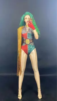 Новый Блестящий Комбинезон из спандекса с 3D принтом и кисточками, Женская танцевальная одежда, наряд с высоким воротником, одежда для выпускного вечера и дня рождения