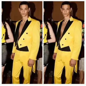 Новый дизайн, желтые смокинги для жениха, черные мужские костюмы для шафера с заостренным лацканом, костюм из 2 предметов, облегающий мужской блейзер (пиджак + брюки)