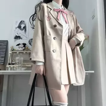 Новый Длинный блейзер цвета хаки в студенческом стиле, комплекты униформы для школьниц, белая рубашка и плиссированная юбка и матросский галстук, женские костюмы в стиле аниме