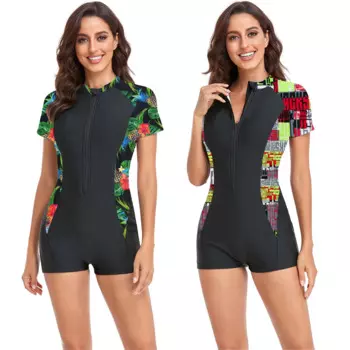 Новый европейский и американский слитный купальник-боксеры большого размера с коротким рукавом бикини женский купальник с принтом