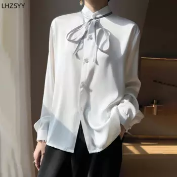 Новый кардиган LHZSYY с воротником-стойкой, Высококачественная шелковая атласная рубашка, Женская Весенняя модная блузка в иностранном стиле, Топ с длинным рукавом