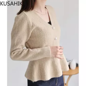 Новый корейский короткий Блестящий кардиган kusхиты с V-образным вырезом модный однобортный приталенный шикарный кардиган с оборками осень 2024 пальто