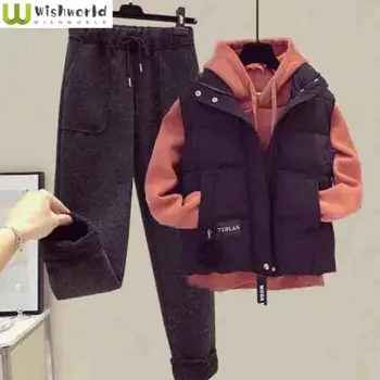 Новый корейский Повседневный жилет на осень и зиму + Свободный Топ с капюшоном + облегающие шерстяные брюки модный костюм-тройка