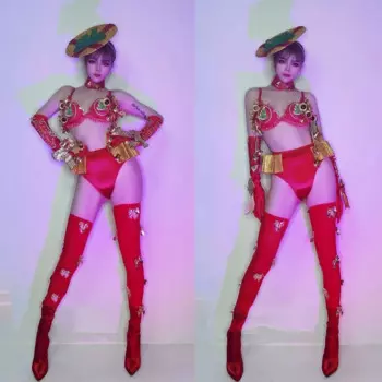 Новый красный костюм бикини для рождественской вечеринки для женщин, певец, сценические костюмы для выступлений, танцевальный костюм Gogo, одежда в стиле рейв DWY6927