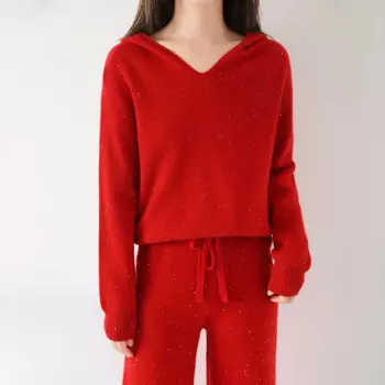 Новый модный 100-дюймовый повседневный вязаный свитер с капюшоном из чистой шерсти, женский осенне-зимний однотонный пуловер с v-образным вырезом, топы с длинными рукавами