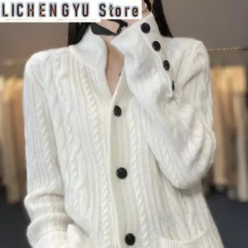 Новый модный шерстяной свитер, однотонный вязаный женский кардиган, свитер премиум-класса, шерстяной свитер с длинными рукавами, осень и зима