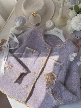 Новый Модный высококачественный кардиган плюшевый Лавандовый фиолетовый грубый твидовый короткий топ с цепочкой пальто женская одежда осенние куртки