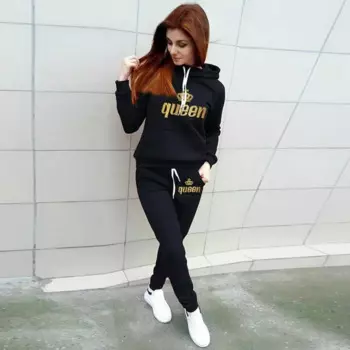 Новый Модный женский спортивный костюм с принтом королевы, Женская однотонная спортивная одежда, спортивные костюмы для бега, Женский комплект из свитшота с капюшоном и спортивных брюк
