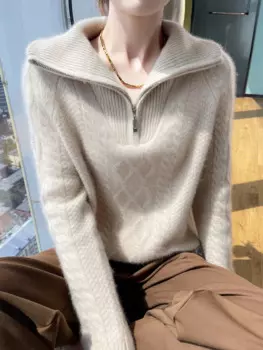 Новый осенне-зимний женский свитер из 100% мериносовой шерсти, пуловер с воротником на молнии, вязаный трикотаж, женский джемпер с длинными рукавами, топы