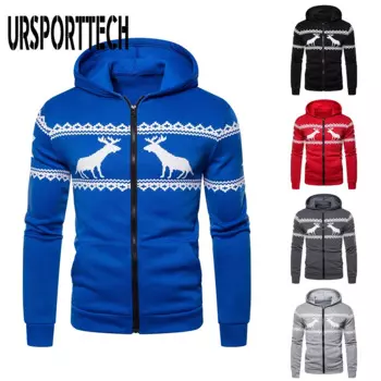 Новый стиль осень зима кардиган мужской свитер мужской на молнии с капюшоном олень Рождественский свитер Повседневная куртка Верхняя одежда большие толстовки