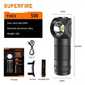 Новый светодиодный налобный фонарь SUPERFIRE USB C, перезаряжаемый 90 ° Фара Mini 18650 Фонарик с магнитным хвостом индикатора, головной вспышки