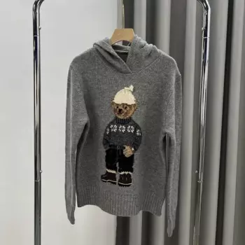 Новый свитер, женский серый свитер со снежинками, повседневный пуловер с вышивкой плюшевого мишки и круглым вырезом, шерстяная вязаная толстовка с капюшоном для женщин