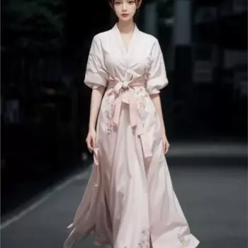 Новый Улучшенный розовый костюм Hanfu в китайском стиле с воротником, рубашка, Повседневное платье, костюм из двух частей