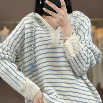 Новый весенний пуловер полосатый свободный шерстяной вязаный свитер с длинным рукавом
