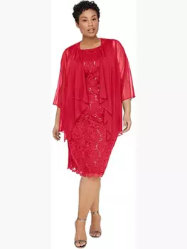 Новый женский комплект из 2 предметов красная кружевная до колена, для мамы невесты платья с глубоким круглым вырезом без рукавов свадебные гостевые платья с курткой