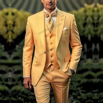 Новый золотистый деловой костюм для мужчин, костюм для жениха, шафера, свадьбы, выпускного вечера, мужские смокинги, костюм из трех предметов, куртка, жилет, брюки