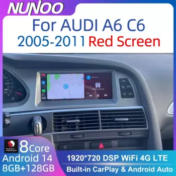 Nunoo Android 14 CarPlay Автомобильный радиоплеер для Audi A4 A5 A6 Q7 MMI 2G Базовый красный экран GPS Navi Мультимедиа Стерео Wi-Fi