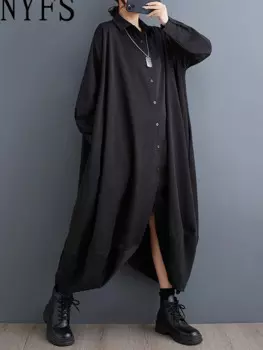 NYFS 2025 весна осень новые женские платья Fat MM Vestidos халат Elbise свободное платье-рубашка больших размеров с неровным подолом