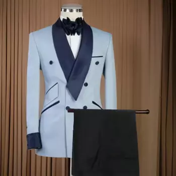 Облегающие деловые костюмы для свадьбы, смокинг жениха, двубортный пиджак с шалью и лацканами и брюки, темно-синий мужской костюм на заказ