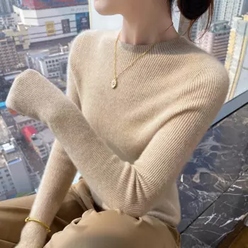 Облегающий кашемировый свитер с круглым вырезом для женщин, бесшовный вязаный базовый свитер с длинными рукавами, выглядит тонкий костюм для интерьера