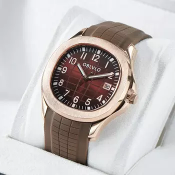 OBLVLO Дизайнерские мужские часы из розового золота с бриллиантами и коричневым циферблатом Автоматические часы с датой Светящиеся водонепроницаемые спортивные часы с резиновым ремешком FM-SL