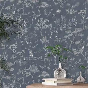 Обои с изображением несчастного леса с цветами и грибами и фантазийными животными в морском стиле сзади, Скандинавский дизайн, съемные обои