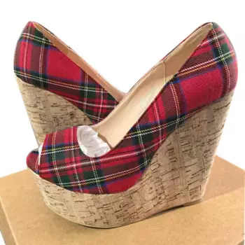 Обувь SHOFOO, модные женские туфли на высоком каблуке. Туфли на танкетке около 15 см. Туфли с открытым носком. Шотландская Тканевая обувь в шотландскую клетку