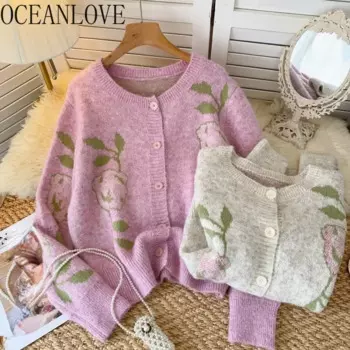 OCEANLOVE женские свитера с цветочным принтом корейская мода милые винтажные кардиганы простые теплые однобортные женские свитера
