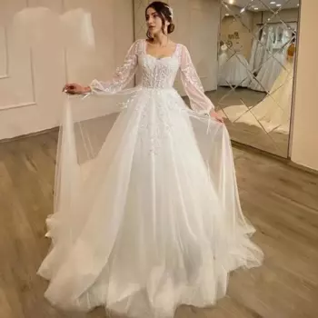 Очаровательное и элегантное тюлевое платье трапециевидной формы с воротником в форме сердца и пышными рукавами, кружевная аппликация, свадебное платье на заказ, женский стиль, новинка 2024 г.