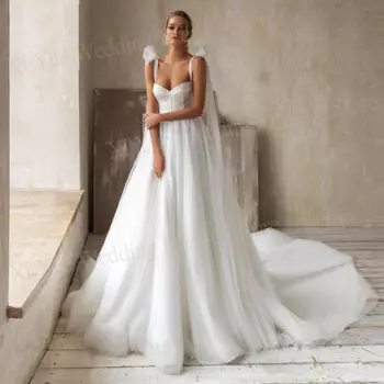 Очаровательные сексуальные трапециевидные женские свадебные платья на бретельках платья невесты с открытой спиной без рукавов блестящее Тюлевое платье