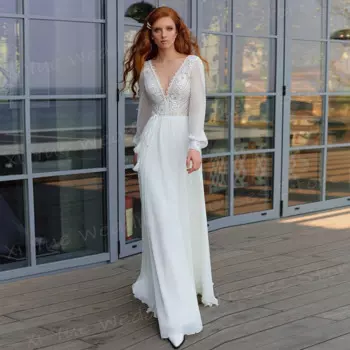 Очаровательные женские свадебные платья а-силуэта с V-образным вырезом красивые кружевные платья невесты с аппликацией Просторное платье с длинным рукавом и открытой спиной