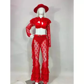 Одежда для бара, сцены, джаза, современных танцев, выступлений, красный кружевной короткий топ, брюки, Женский комплект, танцевальный костюм для диджея, команды, сексуальный костюм для сцены