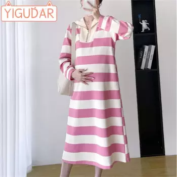 Одежда для беременных, платья для женщин, осень-зима 2023, корейское полосатое платье, длинный пуловер, полосатое платье с длинными рукавами