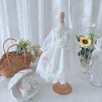 Одежда для куклы BJD, подходит для размера 1/3, 1/4, 1/6, белого цвета, с длинным рукавом и маленьким цветком, аксессуары для кукол с жемчугом (юбка + головной убор)