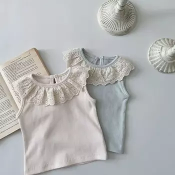 Одежда для маленьких девочек 2024, Детская футболка, кружевной воротник, детские топы без рукавов, Однотонная футболка, детская одежда, футболка для новорожденных девочек