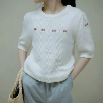 Одежда для маленьких девочек, детские топы, вязаная футболка с короткими рукавами и футболка с вышивкой вишни