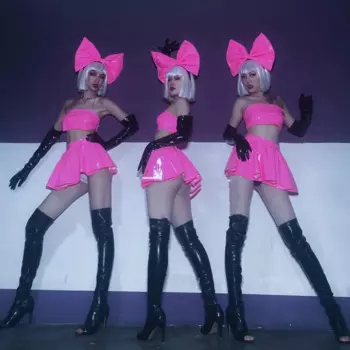 Одежда для ночного клуба Gogo, одежда для выступлений, сексуальная розово-красная лакированная кожа, эластичная мини-юбка с бантом, танцевальный наряд, танцевальный костюм, командный костюм