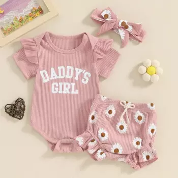 Одежда для новорожденных девочек, комбинезон Daddys для девочек с коротким рукавом, шорты с цветочным принтом, повязка на голову для младенцев, летняя одежда 2024