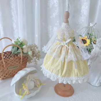 Одежда для шарнирной куклы подходит для размера 1/3, 1/4, 1/6, желтое клетчатое кружевное платье с длинными рукавами аксессуары для куклы (юбка + головной убор)