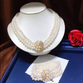 Один комплект из 3-х рядов пресноводного жемчуга белого неидеально круглого 7-8 мм ожерелье/браслет FPPJ