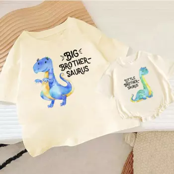 Одинаковый комплект с принтом Big Brother Saurus/Little Brother Saurus, детская футболка с короткими рукавами + детский комбинезон с пузырьками, одежда