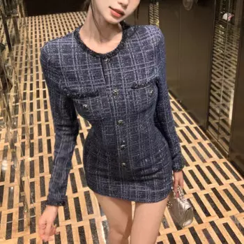 Однобортное пикантное облегающее Супер короткое платье с круглым вырезом для женщин, Новинка осени 2024, Повседневное платье в Корейском стиле с длинным рукавом