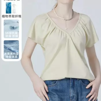 Однотонная Летняя женская футболка с V-образным вырезом и коротким рукавом