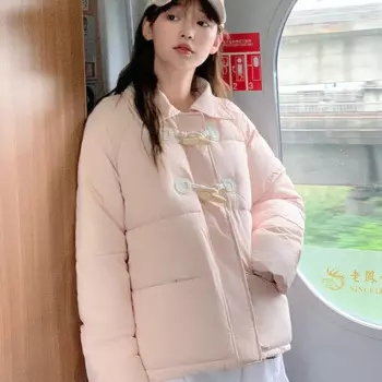 Однотонная простая короткая хлопковая куртка для женщин, зима 2024, симпатичная и свободная Толстая хлопковая куртка с пуговицами из коровьего рога для девочек